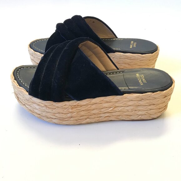 Stuart Weitzman Pufftopraffia Wedge Espadrille Sandals Womens 7 Navy Blue Velvet - Picture 7 of 11